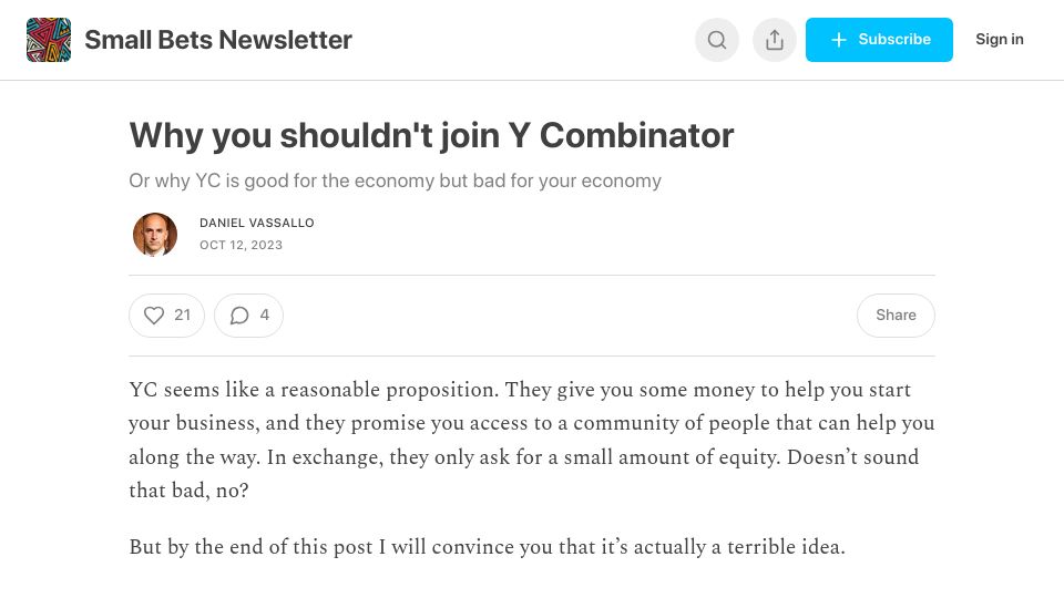 Screenshot of newsletter.smallbets.co: Why you shouldn't join Y Combinator