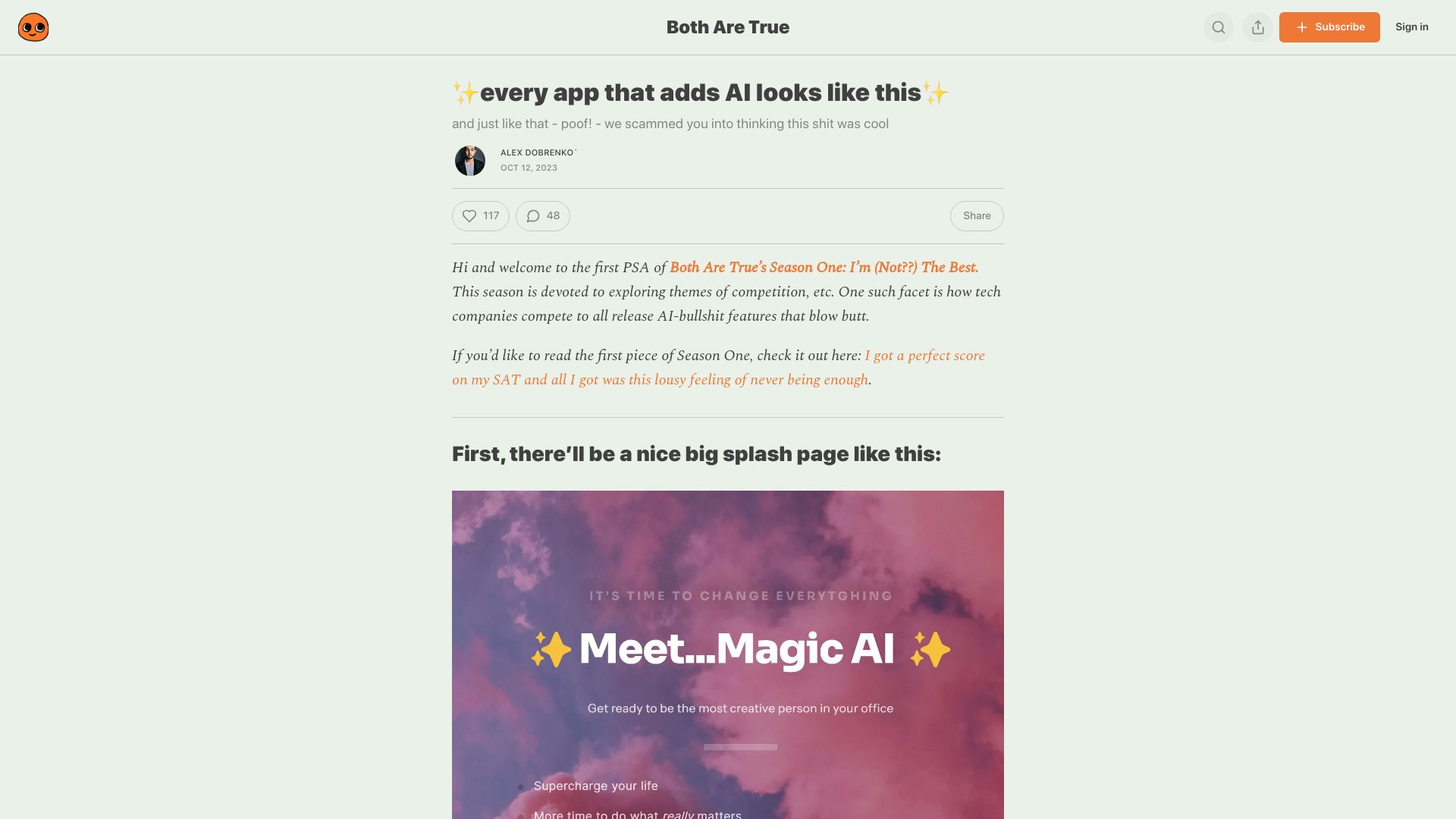 Screenshot of botharetrue.substack.com: Every app that adds AI looks like this