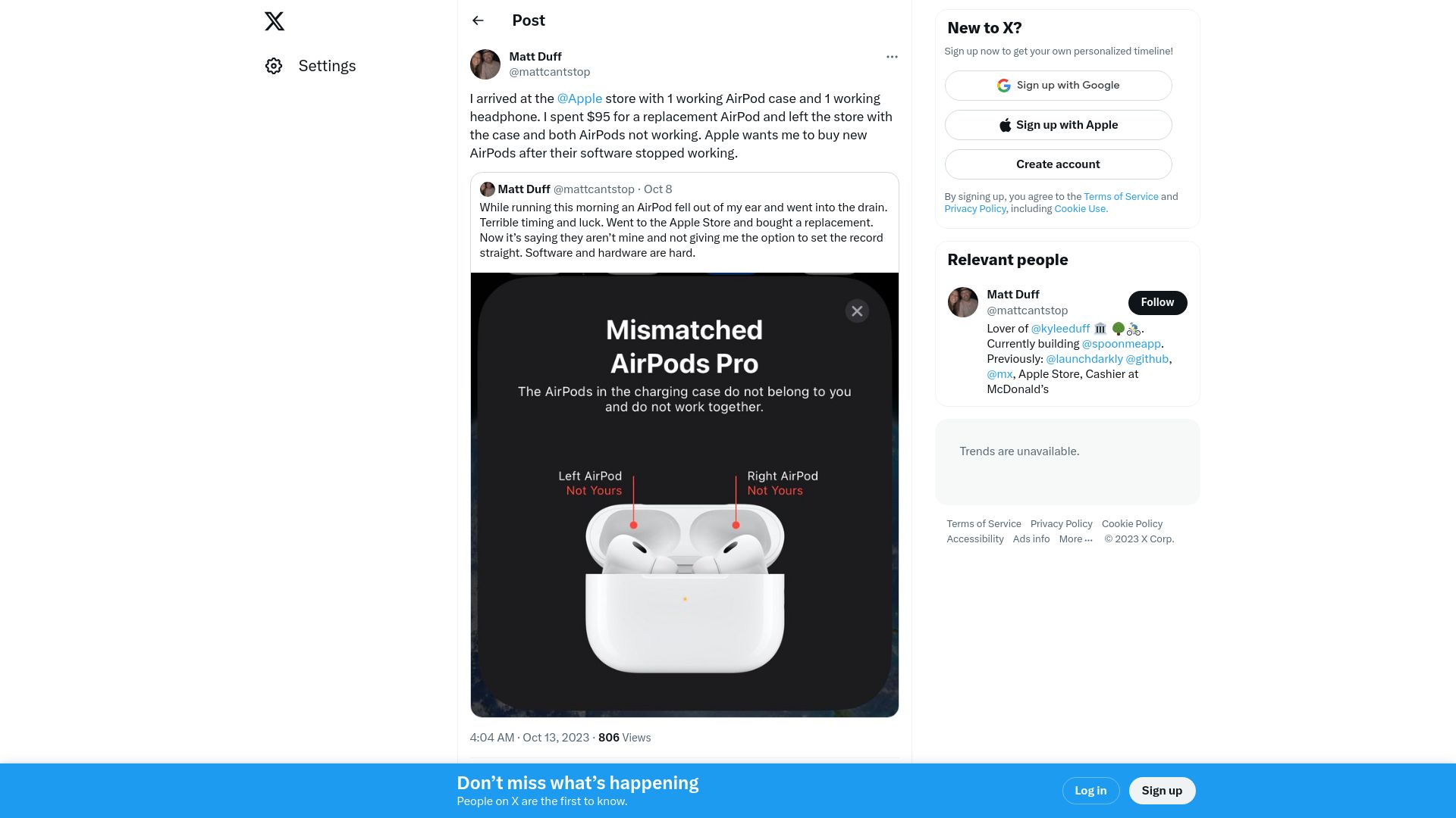 Screenshot of twitter.com: Apple Bricked my AirPods and now wants me to buy new ones