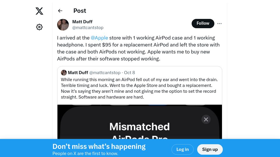 Screenshot of twitter.com: Apple Bricked my AirPods and now wants me to buy new ones