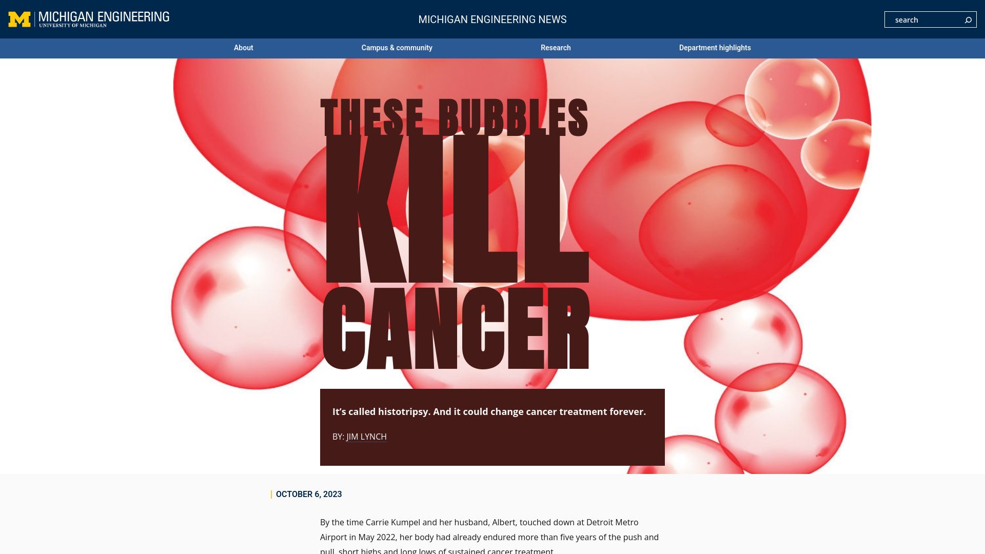 Screenshot of news.engin.umich.edu: Histotripsy – a technique that harnesses soundwaves to attack cancer