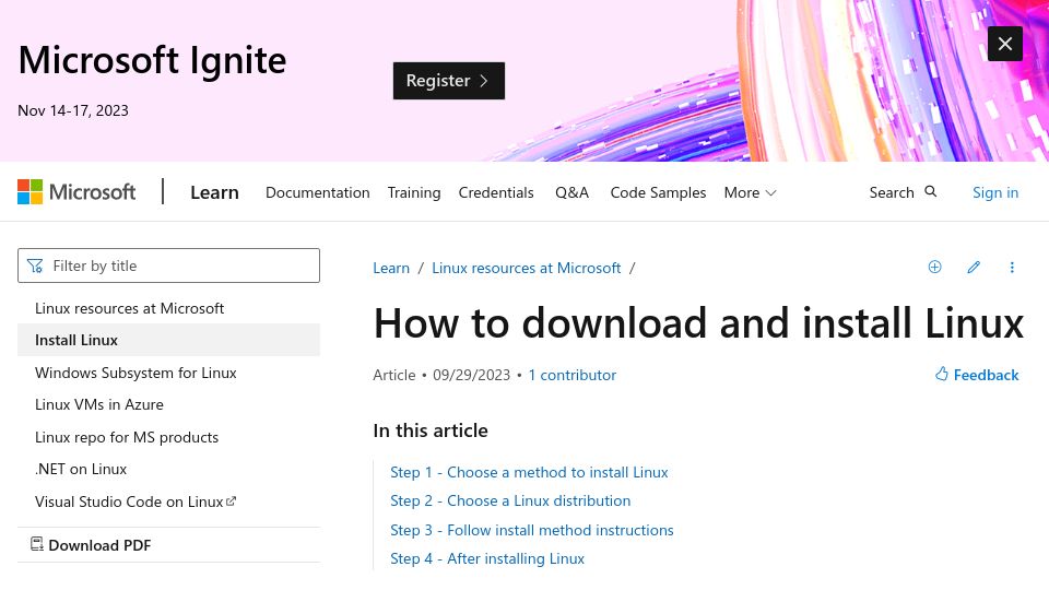 Screenshot of learn.microsoft.com: How to Download and Install Linux