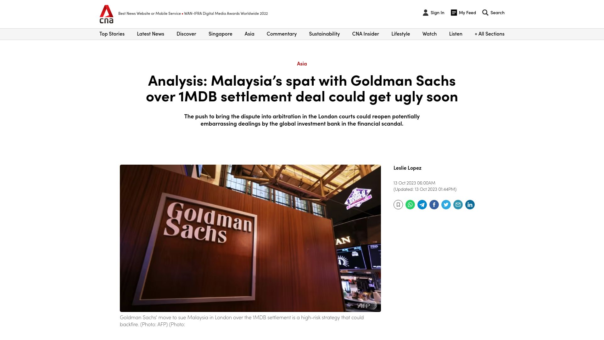 Screenshot of channelnewsasia.com: Malaysia's spat with Goldman about to get ugly