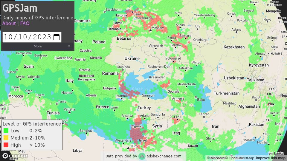 Screenshot of gpsjam.org: GPSJam: Daily maps of possible GPS interference
