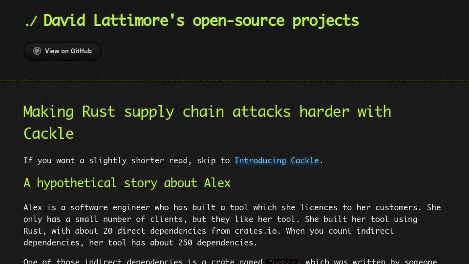 Screenshot of davidlattimore.github.io: Making Rust supply chain attacks harder with Cackle