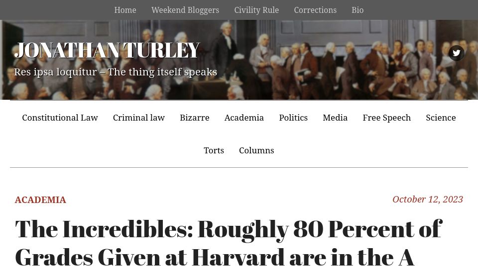 Screenshot of jonathanturley.org: Roughly 80% of Grades Given at Harvard Are in the 'A' Range