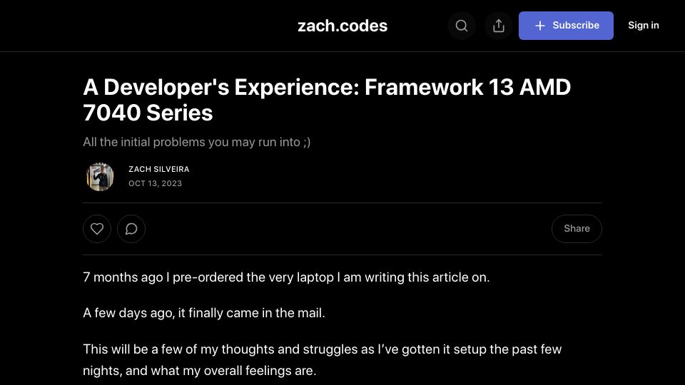 Screenshot of zach.codes: Framework 13 AMD 7040 Series: A Developer's First Impressions