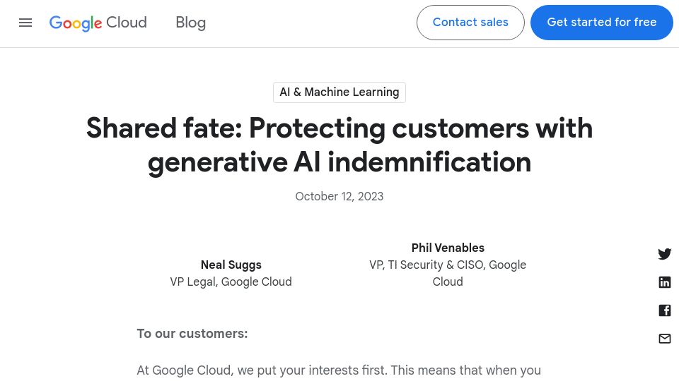 Screenshot of cloud.google.com: Protecting customers with generative AI indemnification