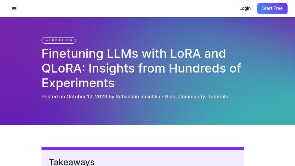 Screenshot of lightning.ai: Takeaways from hundreds of LLM finetuning experiments with LoRA