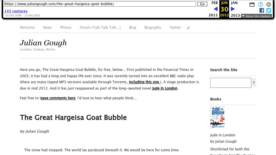 Screenshot of web.archive.org: The Great Hargeisa Goat Bubble