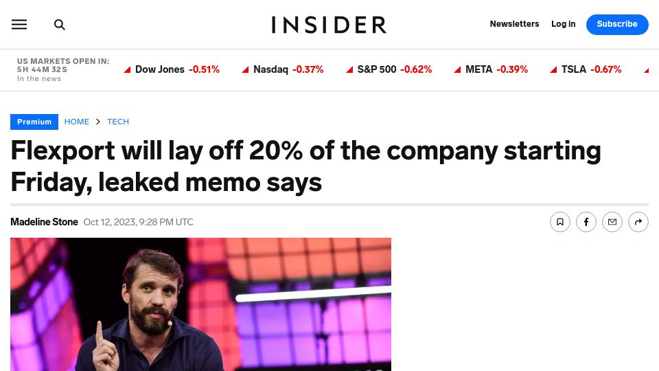 Screenshot of businessinsider.com: Flexport will lay off 20% of the company starting Friday, leaked memo says