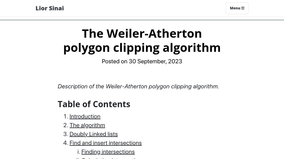 Screenshot of liorsinai.github.io: The Weiler-Atherton polygon clipping algorithm