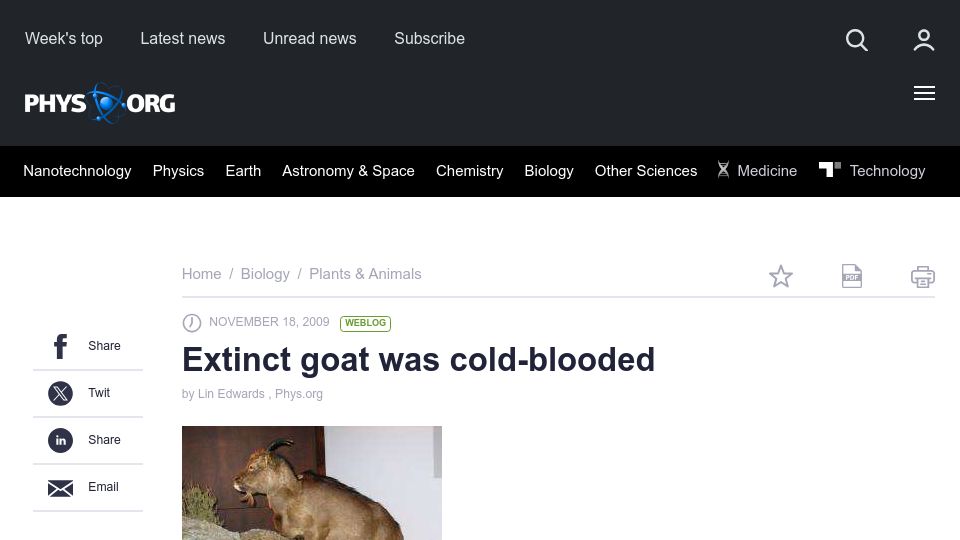 Screenshot of phys.org: Extinct goat was cold-blooded (2009)