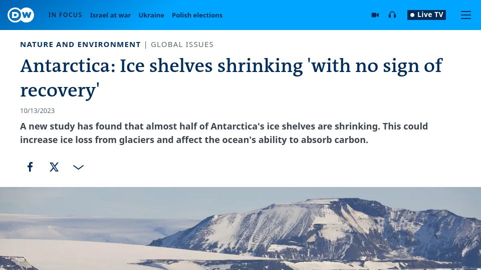 Screenshot of dw.com: Antarctica: Ice shelves shrinking 'with no sign of recovery