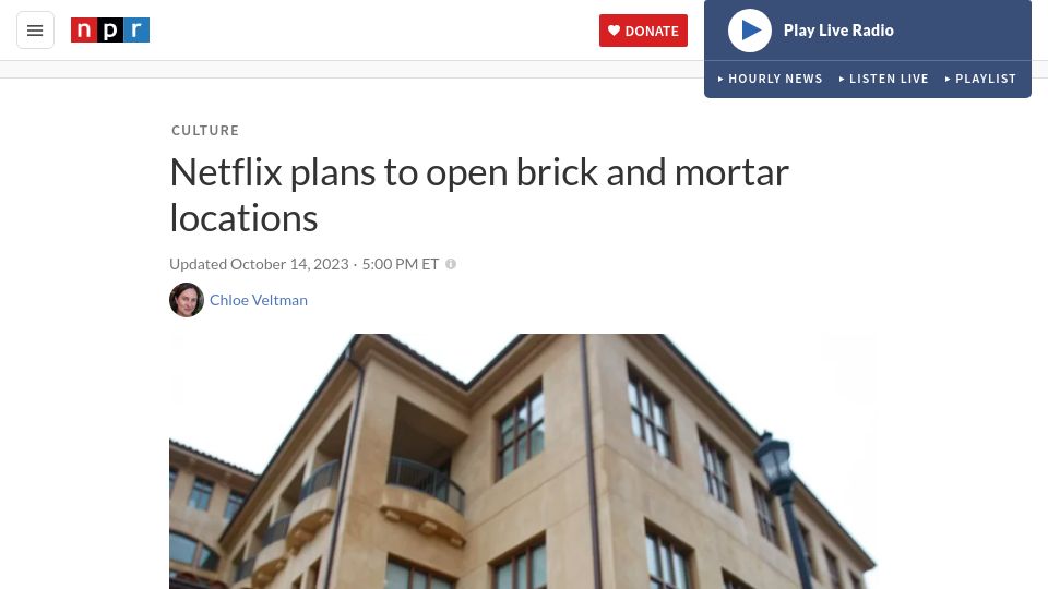 Screenshot of npr.org: Netflix plans to open brick and mortar locations