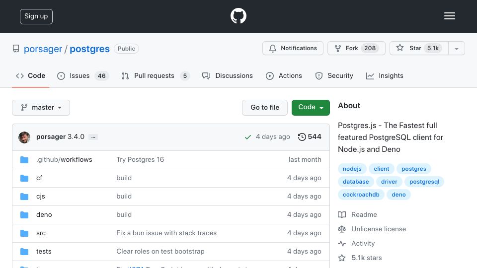 Screenshot of github.com: PostgresJs: PostgreSQL client for Node.js and Deno
