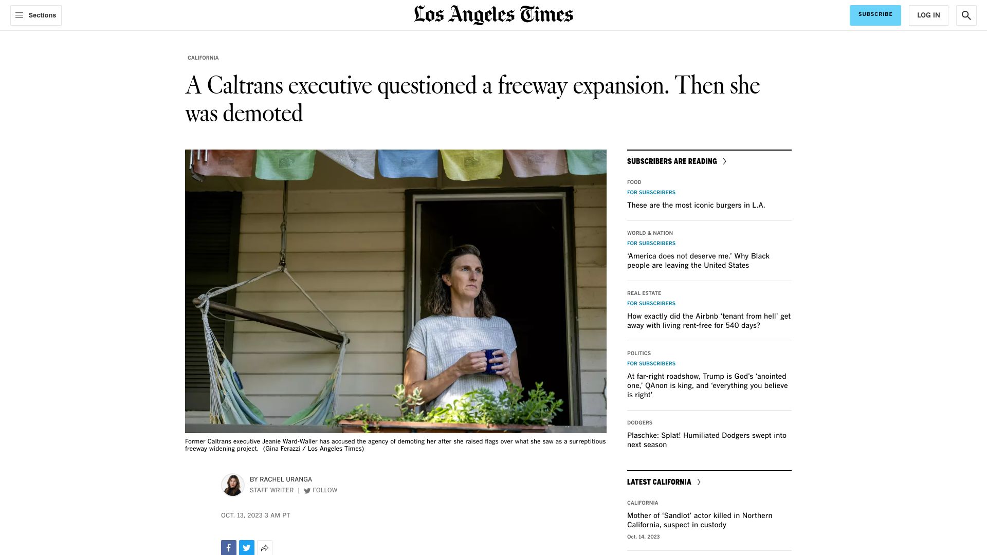 Screenshot of latimes.com: Caltrans exec who protested a freeway expansion gets demoted