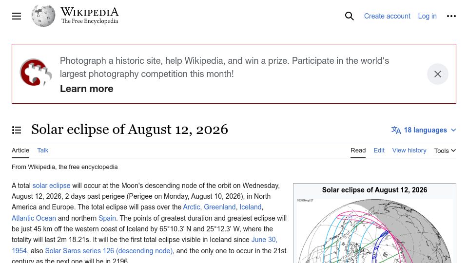 Screenshot of en.wikipedia.org: Solar eclipse of August 12, 2026