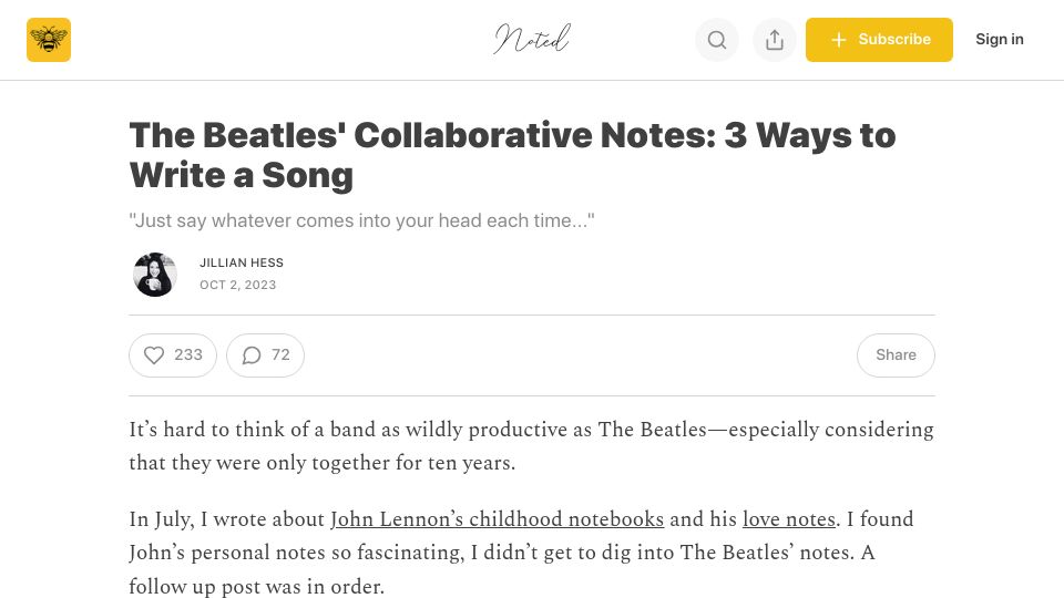 Screenshot of jillianhess.substack.com: The Beatles’ collaborative notes: Three ways to write a song