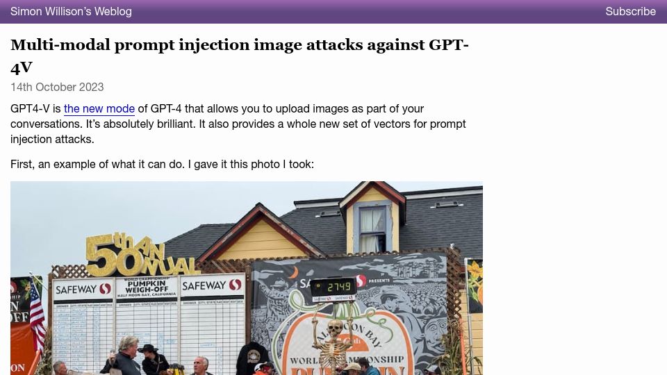 Screenshot of simonwillison.net: Multi-modal prompt injection image attacks against GPT-4V