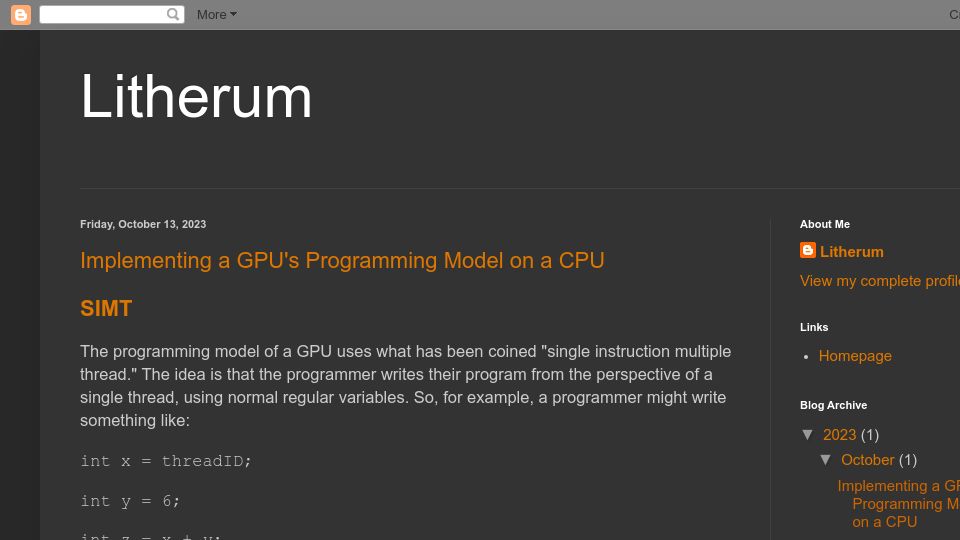 Screenshot of litherum.blogspot.com: Implementing a GPU's programming model on a CPU