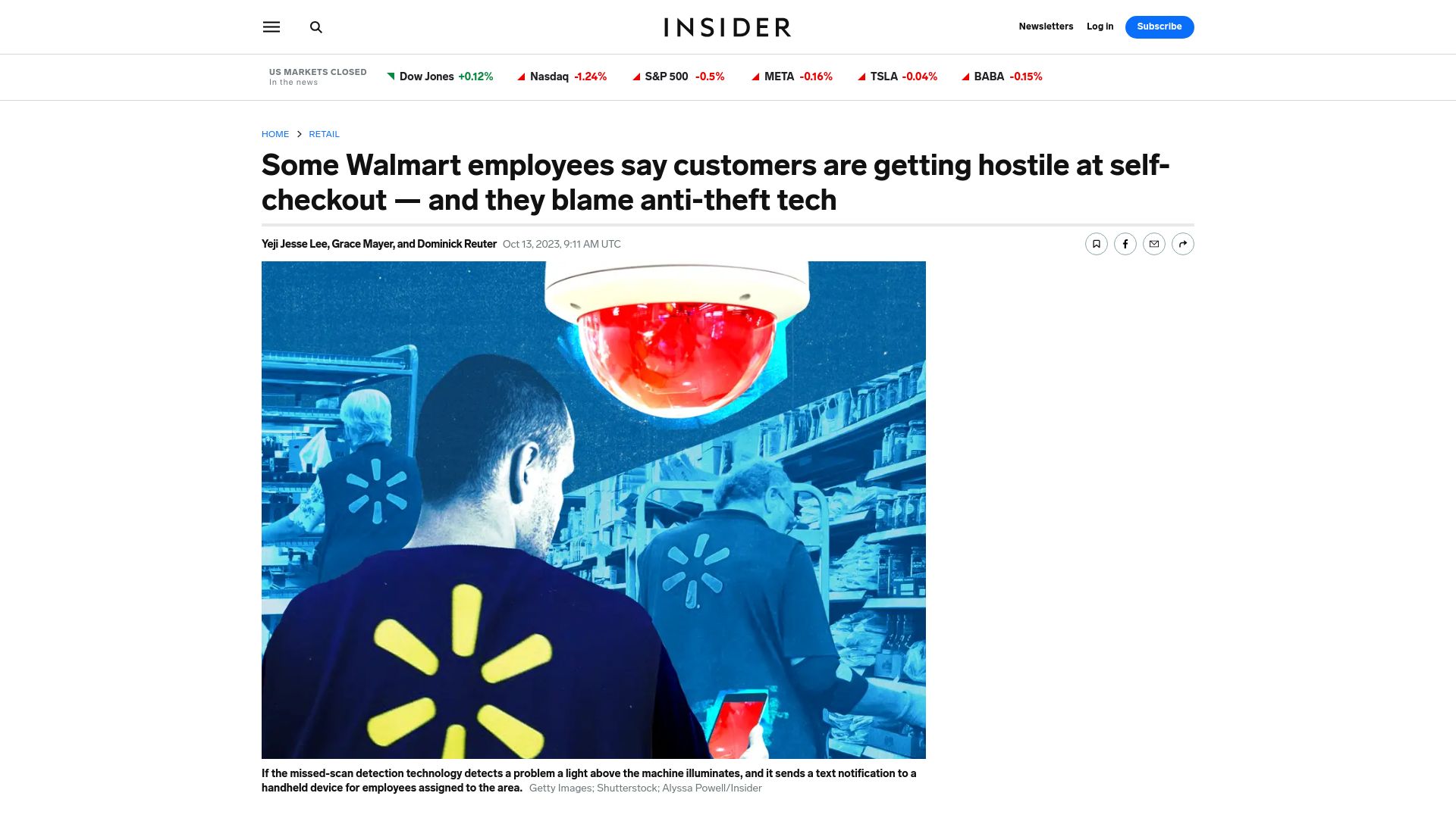 Screenshot of businessinsider.com: Walmart customers getting hostile at self-checkout – they blame anti-theft tech