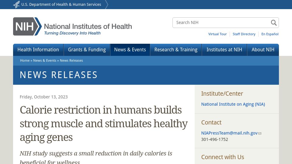Screenshot of nih.gov: Calorie restriction in humans builds strong muscle and stimulates healthy aging