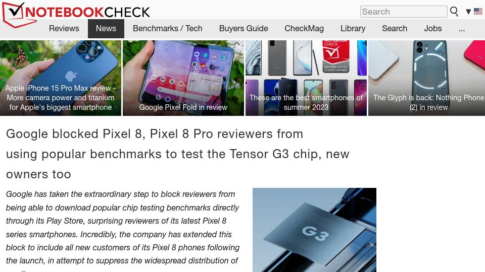 Screenshot of notebookcheck.net: Google blocked Pixel 8 reviewers and owners from benchmarking the Tensor G3 chip