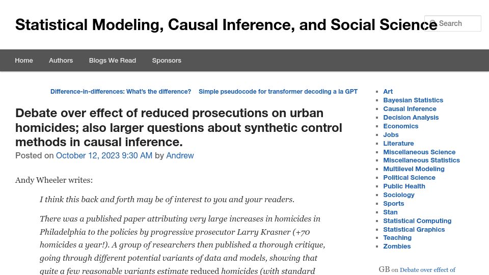 Screenshot of statmodeling.stat.columbia.edu: Questions about synthetic control methods in causal inference