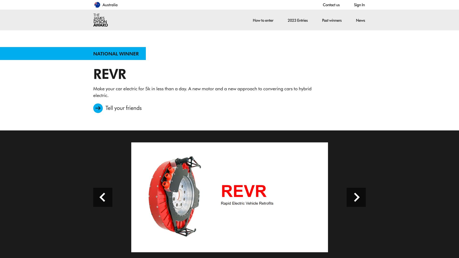 Screenshot of jamesdysonaward.org: Make Your Car Electric for 5K in Less Than a Day