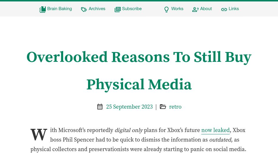 Screenshot of brainbaking.com: Overlooked reasons to still buy physical media