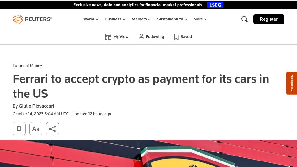 Screenshot of reuters.com: Ferrari to accept crypto as payment for its cars in the US