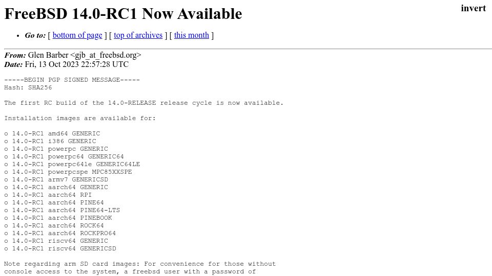 Screenshot of lists.freebsd.org: FreeBSD 14.0-RC1 Now Available