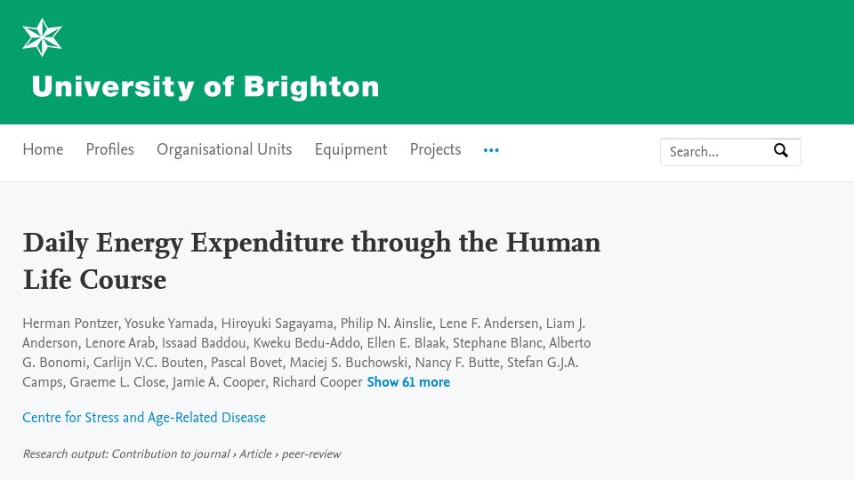 Screenshot of research.brighton.ac.uk: Daily energy expenditure through the human life course