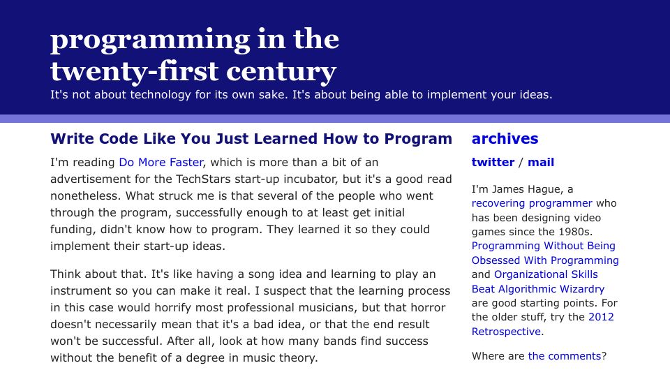 Screenshot of prog21.dadgum.com: Write Code Like You Just Learned How to Program