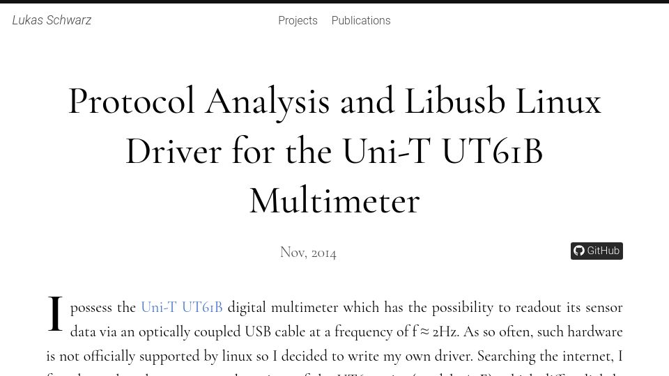 Screenshot of lukasschwarz.de: Protocol Analysis and Libusb Linux Driver for the Uni-T UT61B Multimeter (2014)