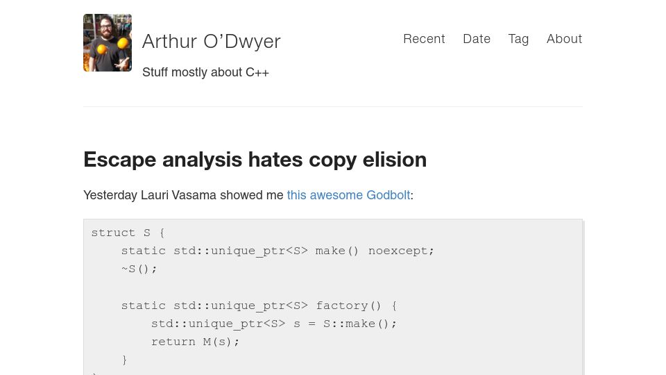 Screenshot of quuxplusone.github.io: Escape analysis hates copy elision (2021)