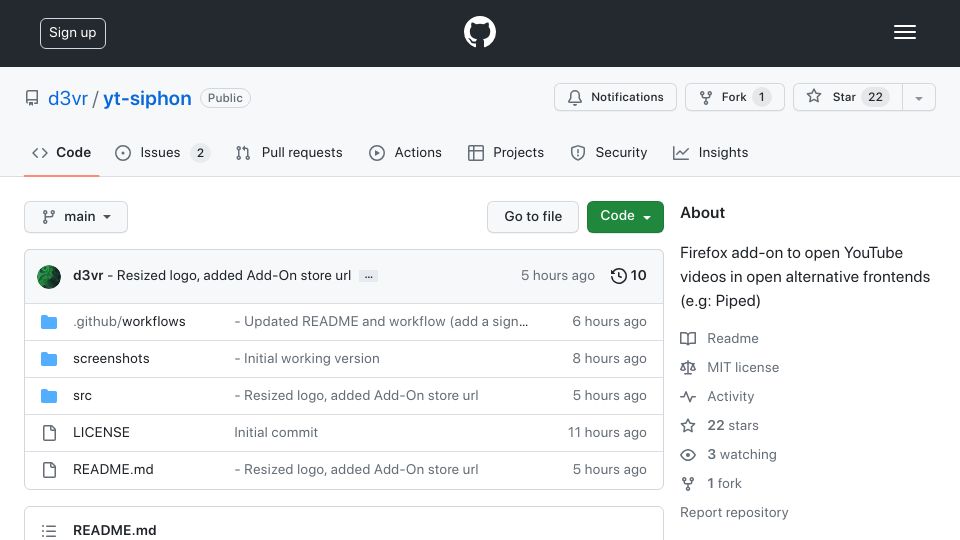 Screenshot of github.com: Show HN: Firefox add-on to open YouTube videos in alternative front ends