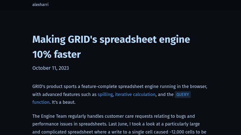 Screenshot of alexharri.com: Making GRID's spreadsheet engine 10% faster