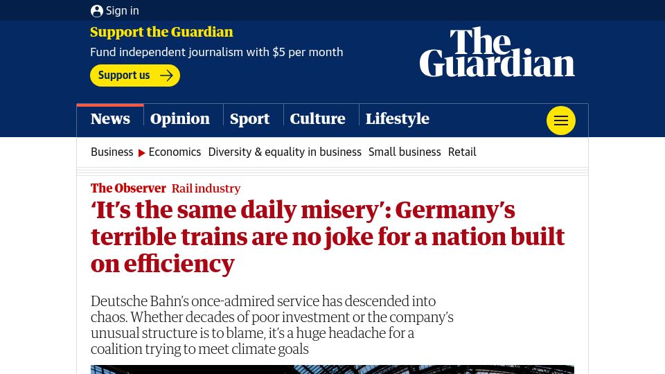 Screenshot of theguardian.com: Germany's terrible trains are no joke for a nation built on efficiency