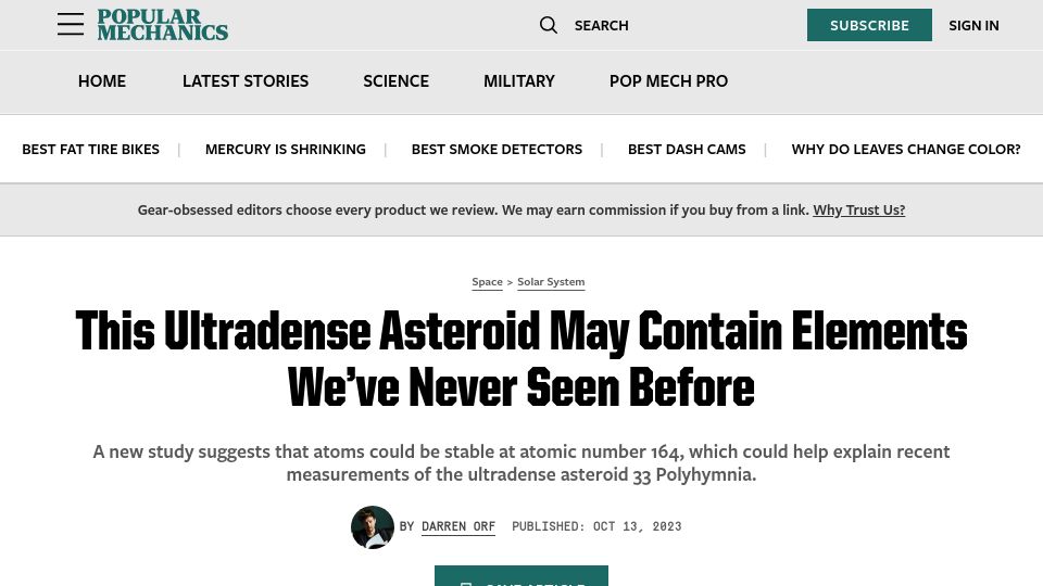 Screenshot of popularmechanics.com: Paper posits ultradense asteroid 33 Polyhymnia has transuranic elements
