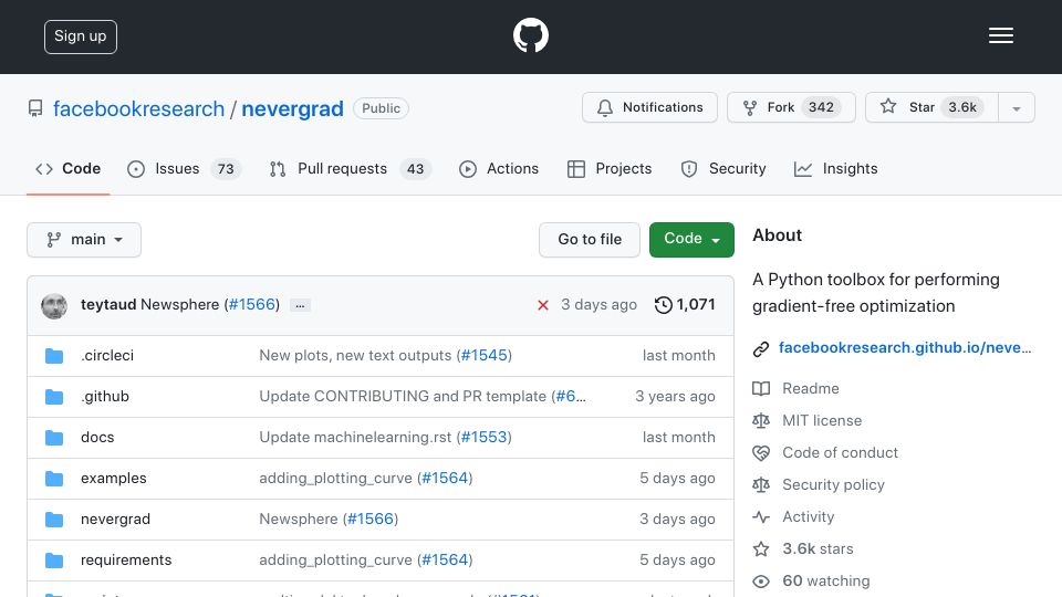Screenshot of github.com: Nevergrad: Python toolbox for performing gradient-free optimization
