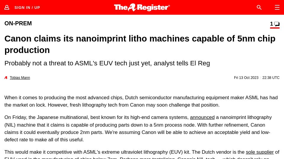 Screenshot of theregister.com: Canon claims its nanoimprint litho machines capable of 5nm chip production