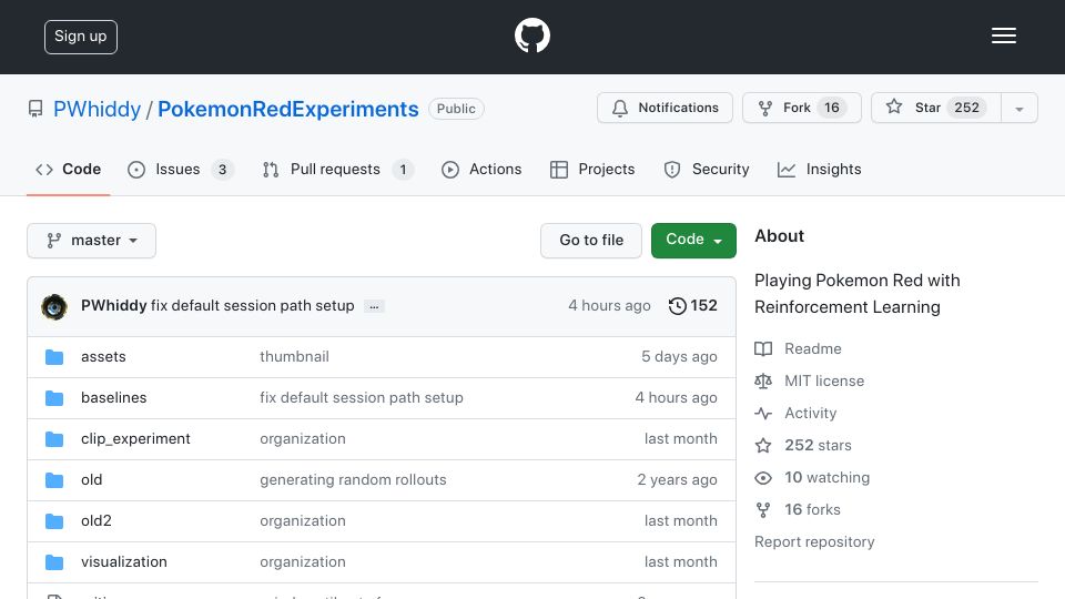 Screenshot of github.com: Playing Pokemon Red with Reinforcement Learning