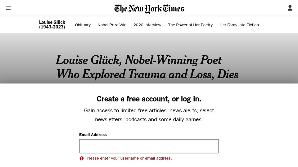 Screenshot of nytimes.com: Louise Glück has died