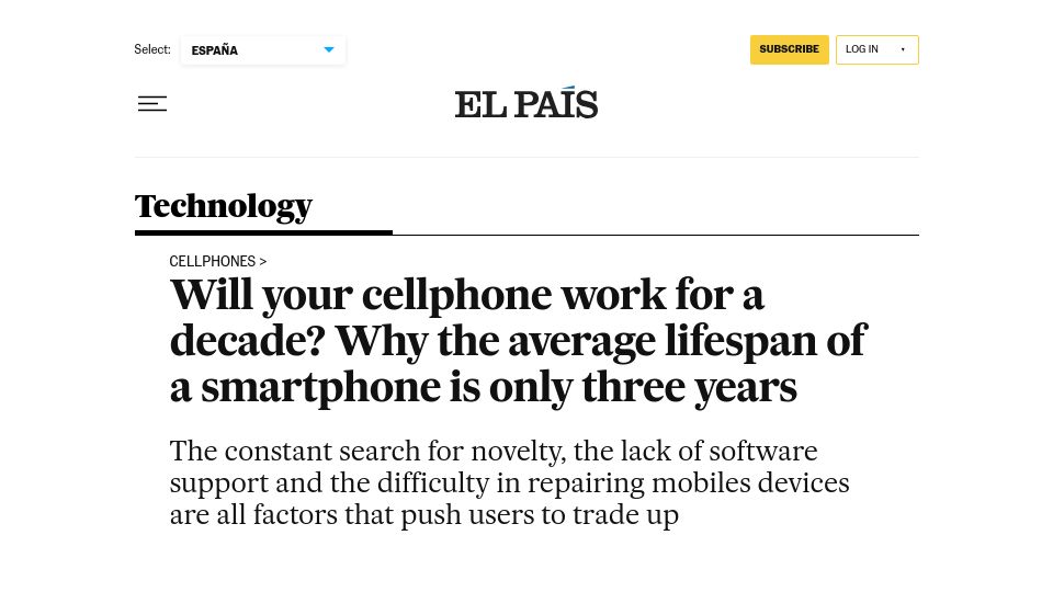 Screenshot of english.elpais.com: Why the average lifespan of a smartphone is only three years