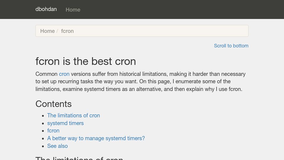 Screenshot of dbohdan.com: Fcron Is the Best Cron