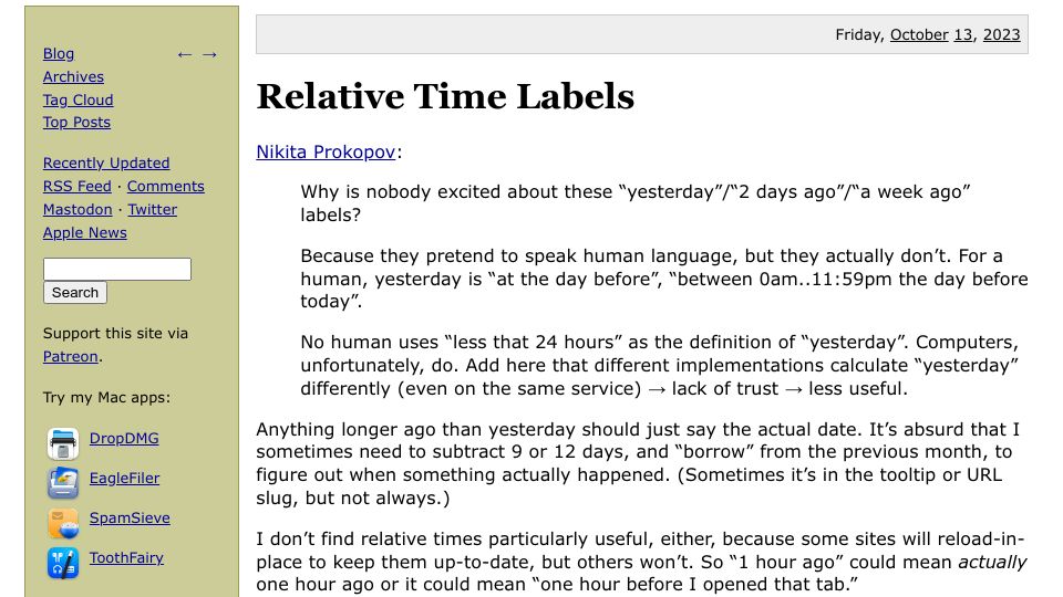 Screenshot of grumpy.website: Anything longer ago than yesterday should just say the actual date