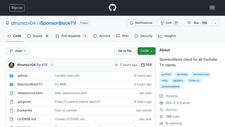 Screenshot of github.com: iSponsorBlockTV v2: SponsorBlock for TVs and game consoles