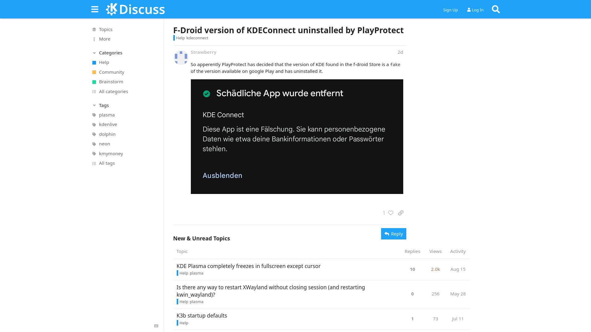 Screenshot of discuss.kde.org: F-Droid version of KDEConnect uninstalled by PlayProtect